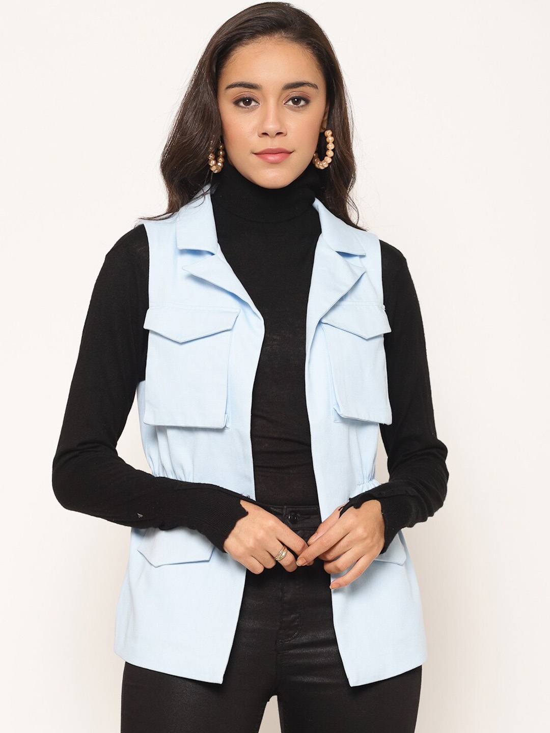 

HOUSE OF KKARMA Spread Collar Longline Tailored Cotton Jacket, Blue