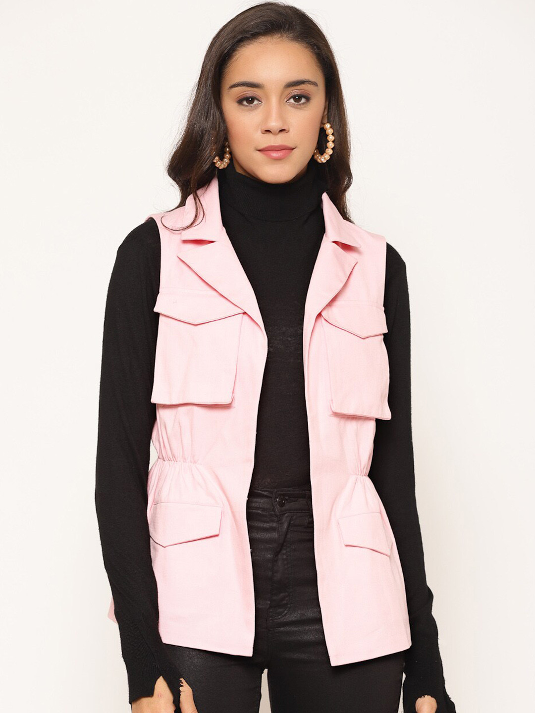 

HOUSE OF KKARMA Spread Collar Longline Tailored Cotton Jacket, Pink
