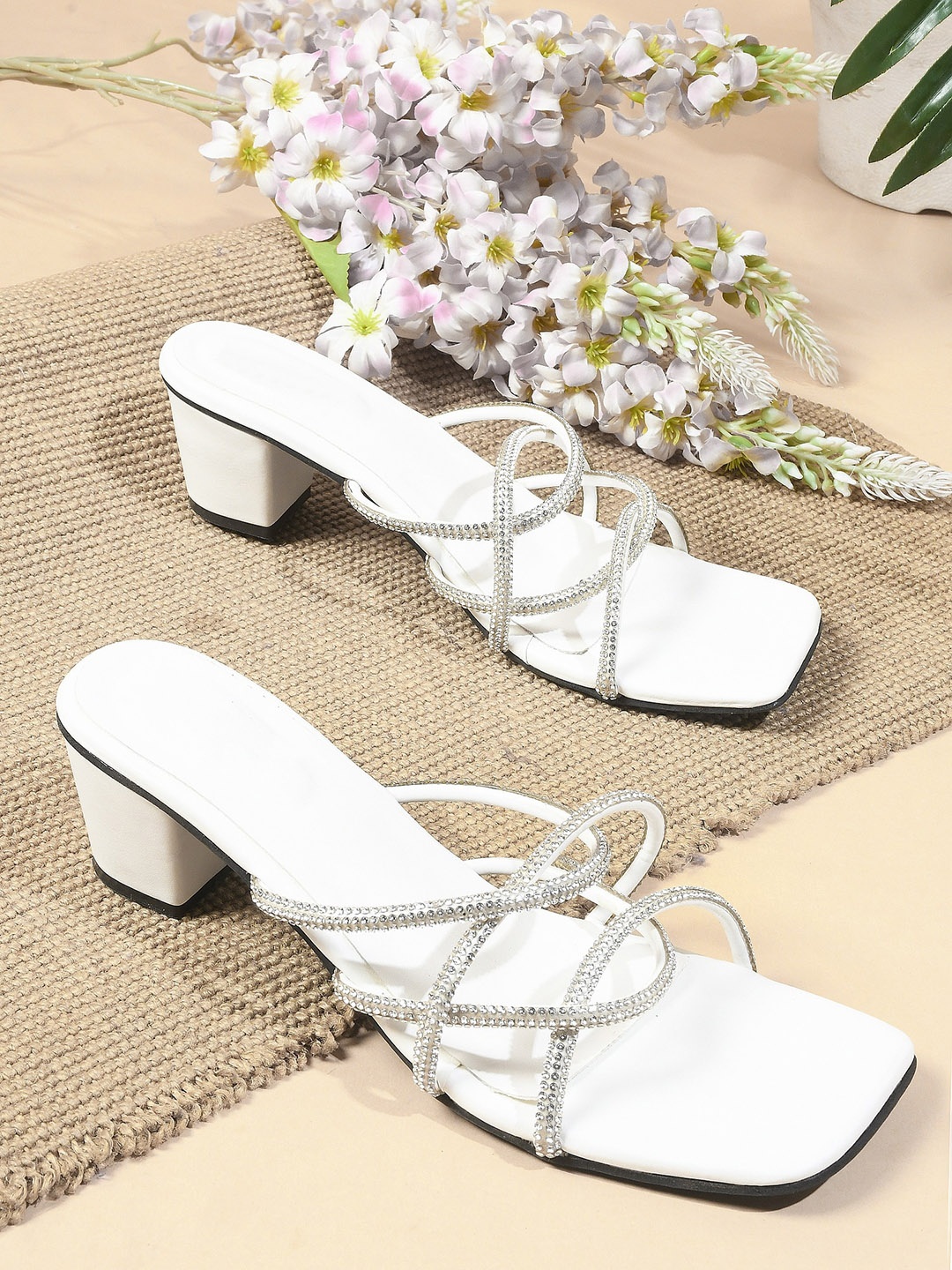 

Try Me Embellished Open Toe Block Heels, White