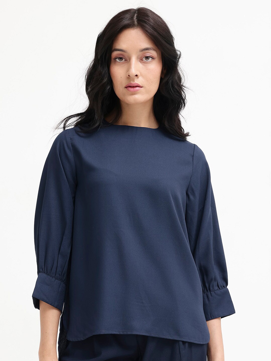 

RAREISM Round Neck Cuffed Sleeves Styled Back Top, Navy blue
