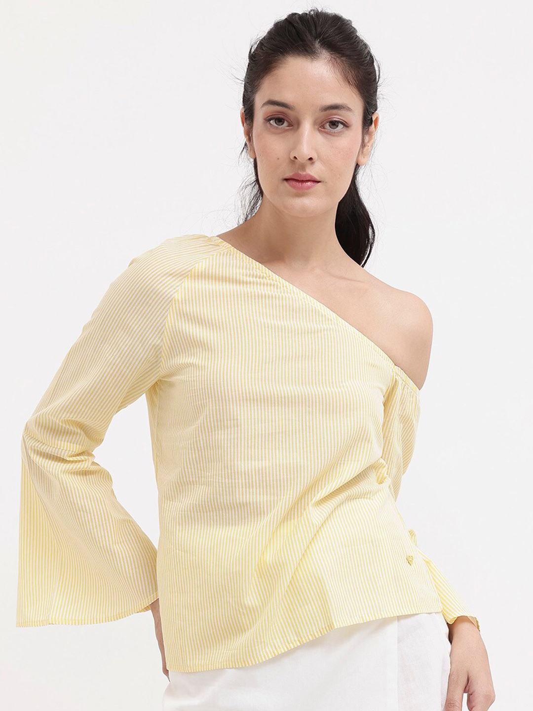 

RAREISM One Shoulder Bell Sleeve Cotton Top, Yellow