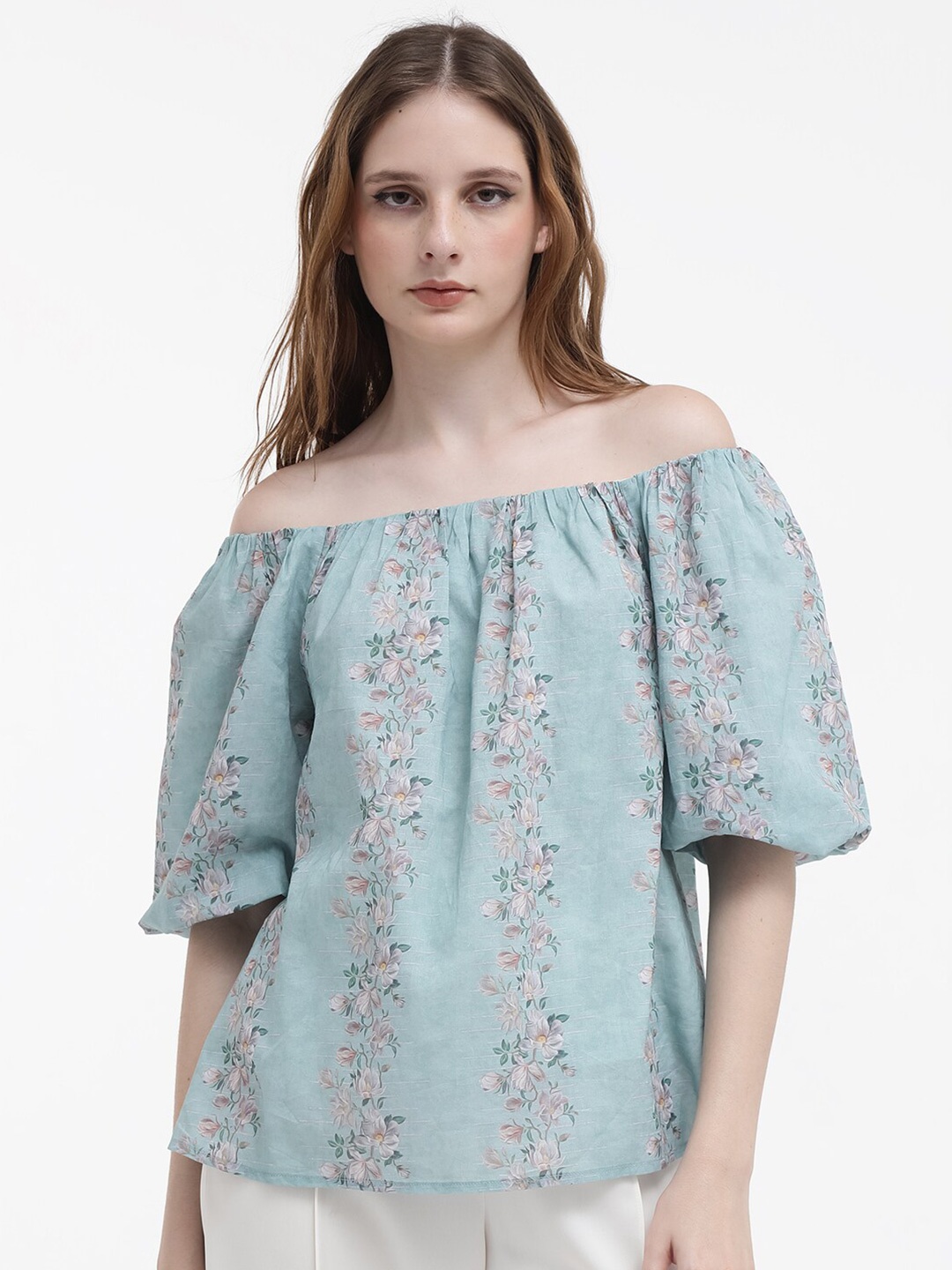 

RAREISM Floral Print Off-Shoulder Flared Sleeve Cotton Bardot Top, Blue