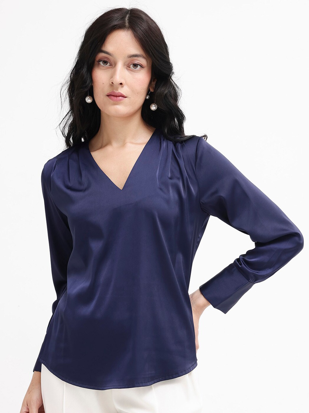 

RAREISM V Neck Long Cuffed Sleeves Styled Back Top, Navy blue