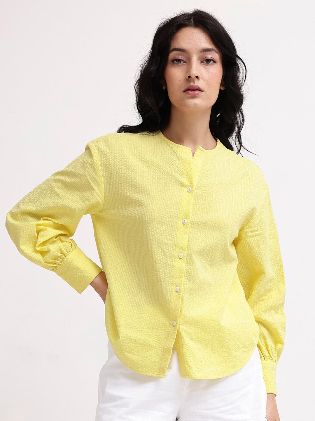 

RAREISM Round Neck Long Sleeves Cotton Top, Yellow