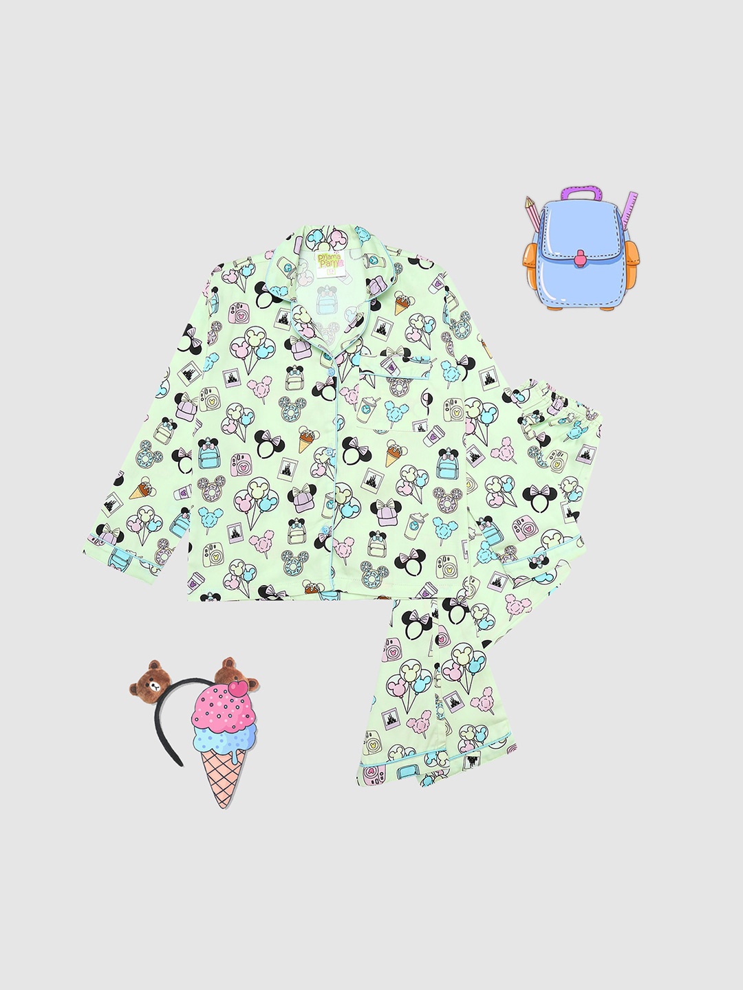 

Pyjama Party Kids Printed Pure Cotton Shirt With Pyjamas, Green