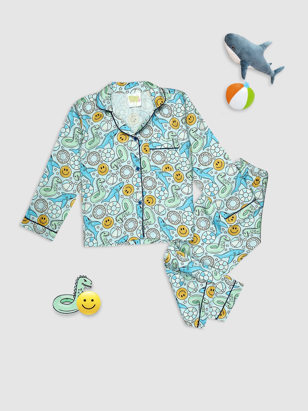

Pyjama Party Kids Graphic Printed Pure Cotton Night Suit, Blue