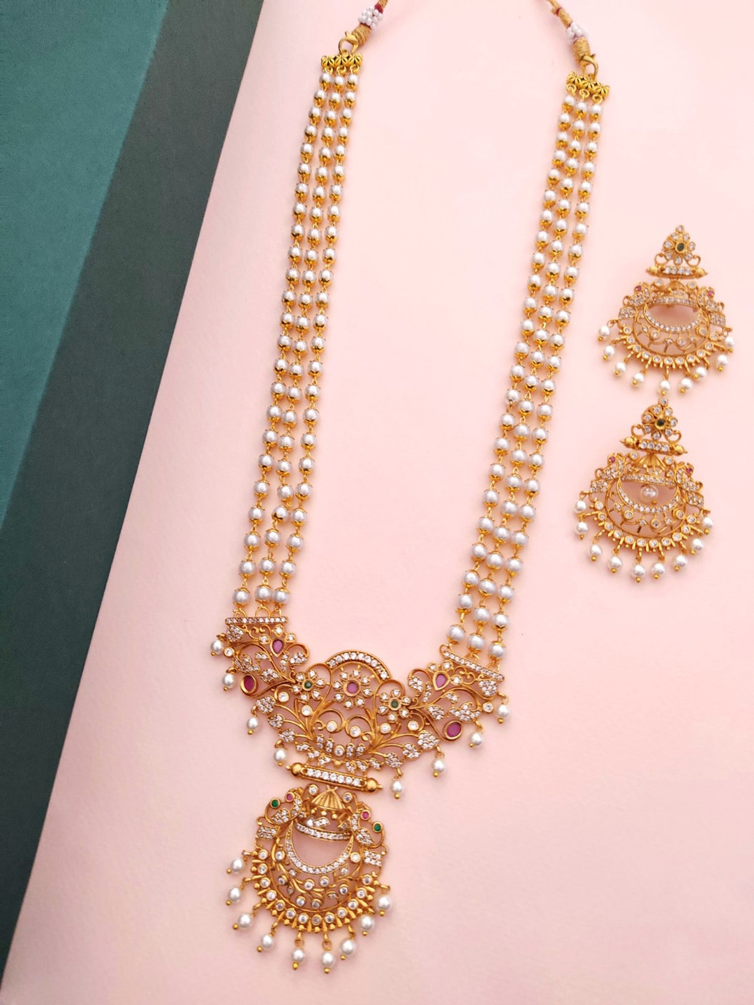 

Pihtara Jewels Gold Plated Long Pearl Beaded Necklace Set