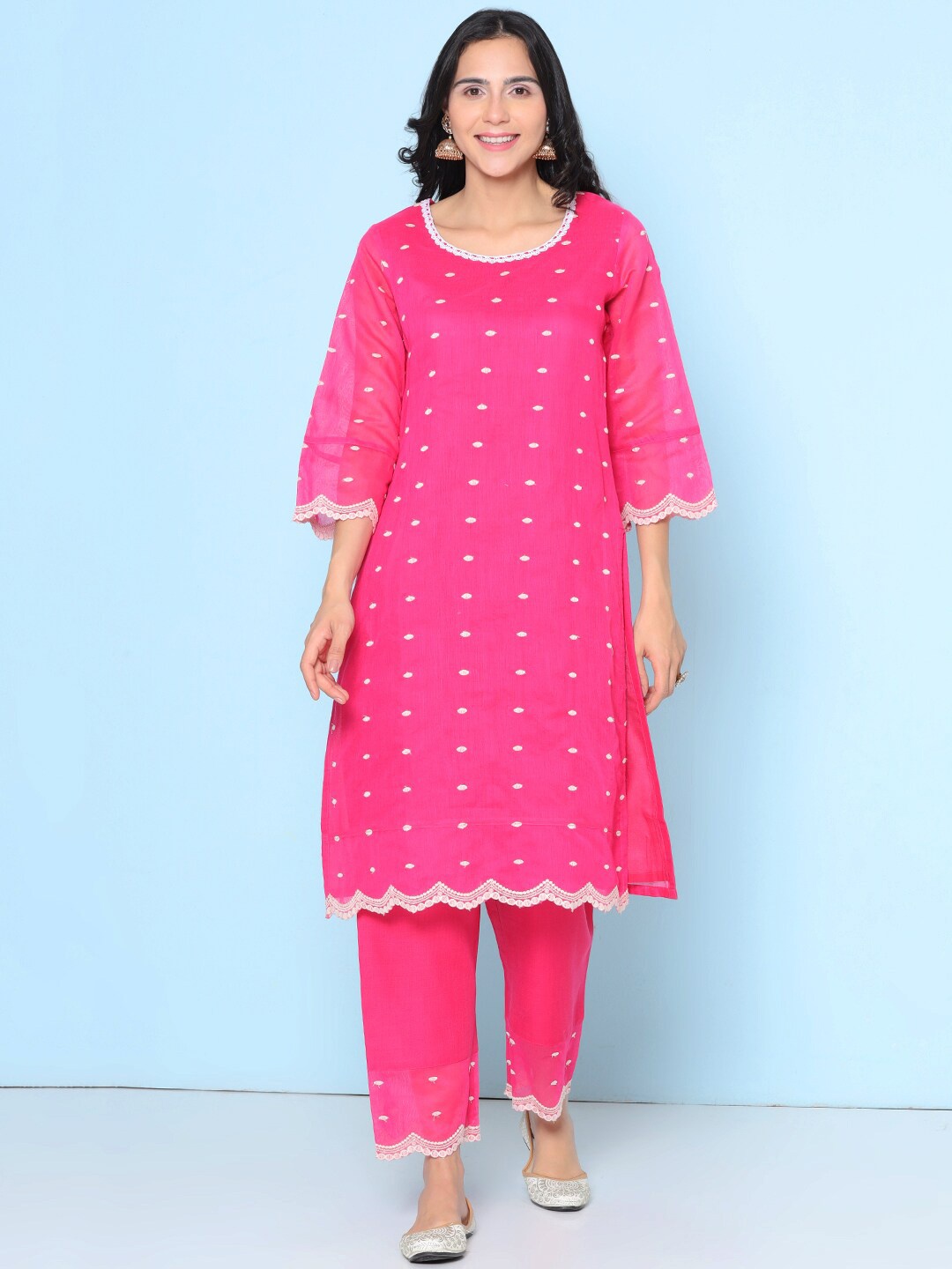 

Bhama Couture Ethnic Motifs Embroidered Regular Thread Work Kurta & Trousers, Pink