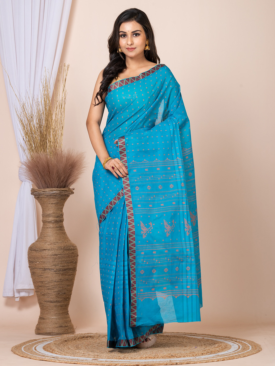 

Laa Calcutta Ethnic Motifs Printed Pure Cotton Taant Saree, Blue