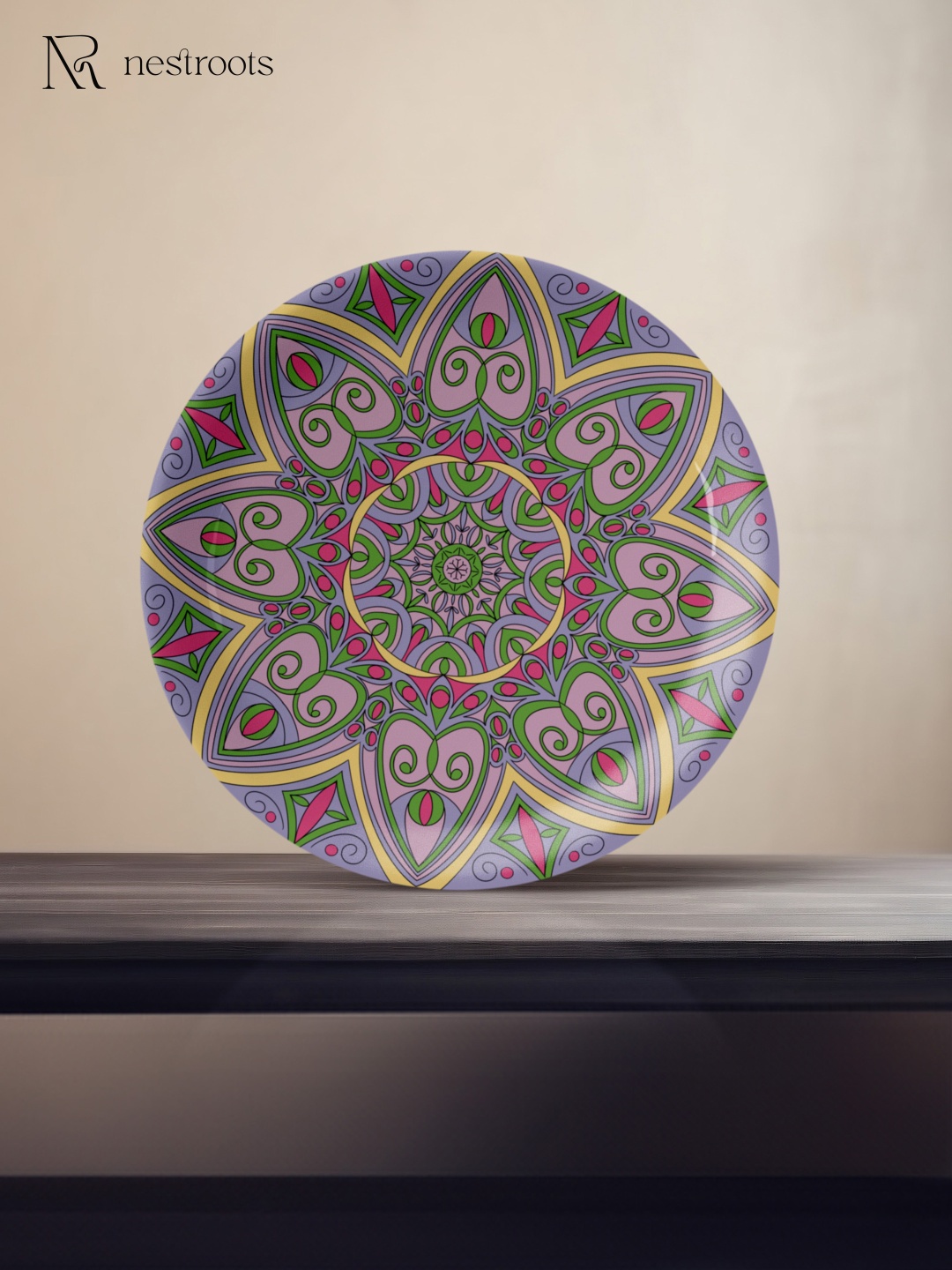 

nestroots Purple & Green Ethnic Motifs Printed Ceramic Mandala Wall Plate