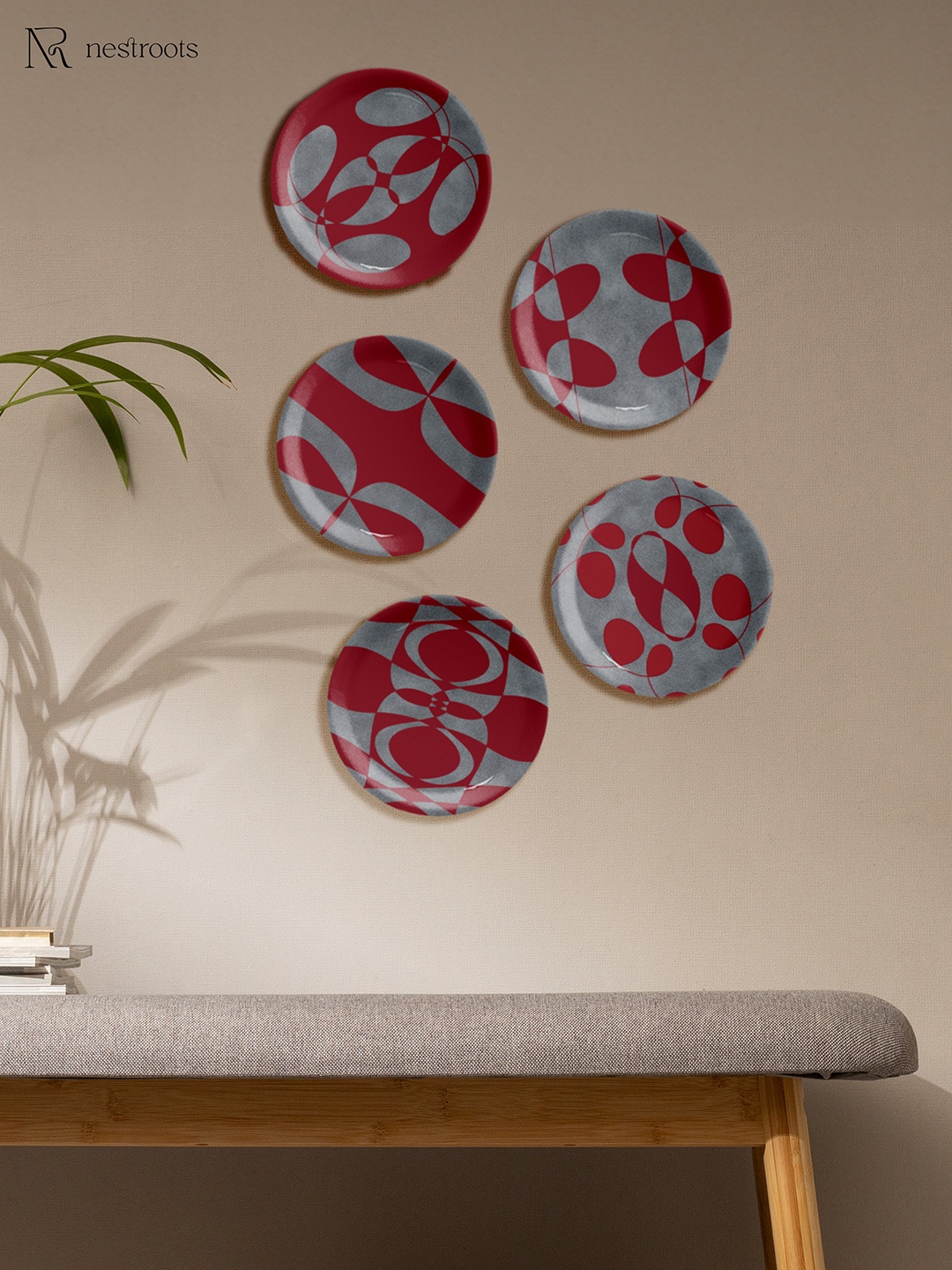 

nestroots Nuanced Maroon & Grey 5 Pieces Printed Ceramic Wall Plates