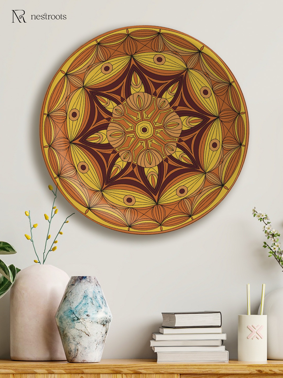 

nestroots Mustard & Maroon Ethnic Motifs Printed Sugar Serenity Artistry Wall Plate