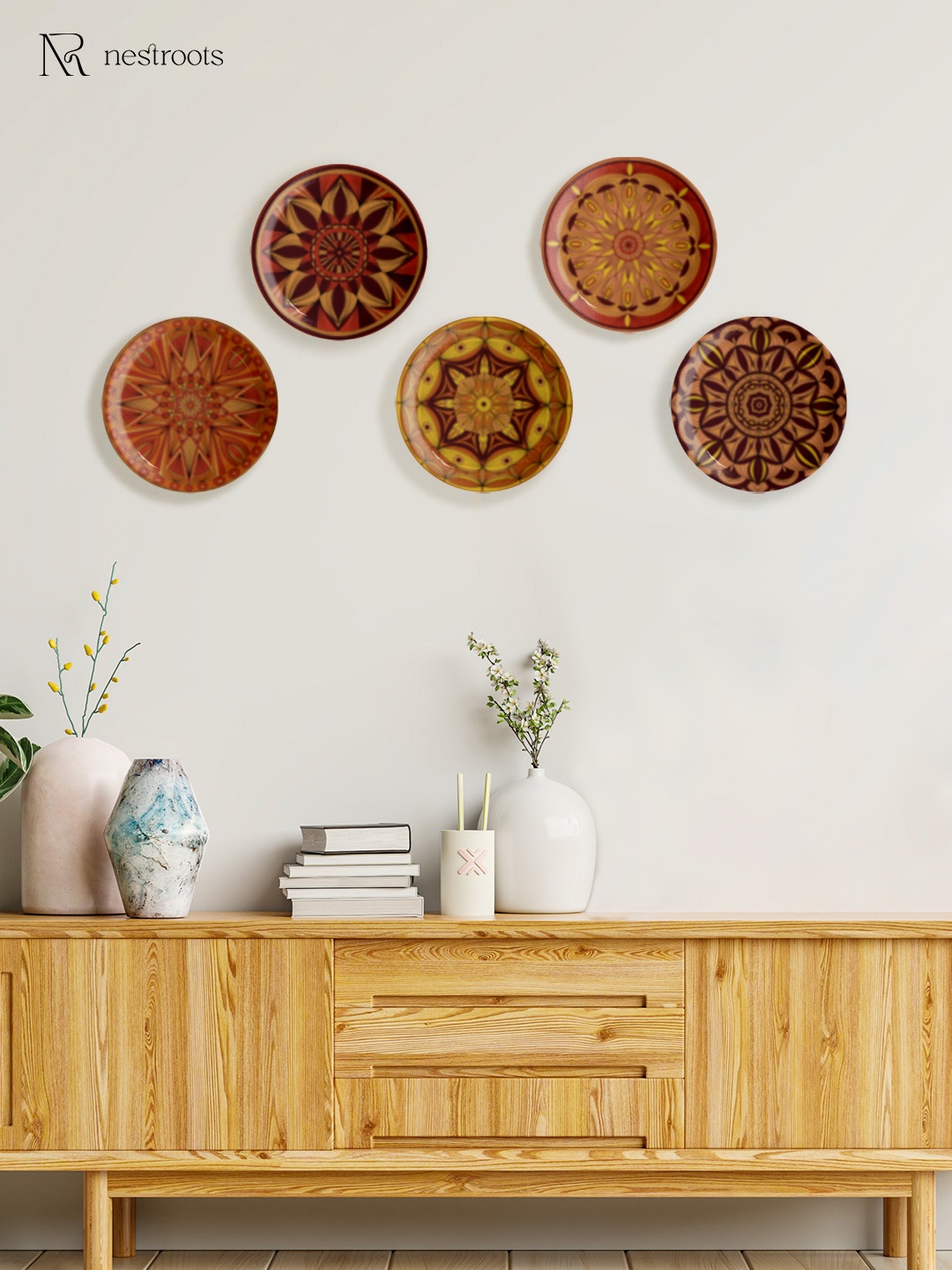 

nestroots Mustard Yellow & Maroon 5 Pieces Ethnic Motifs Printed Ceramic Wall Plates