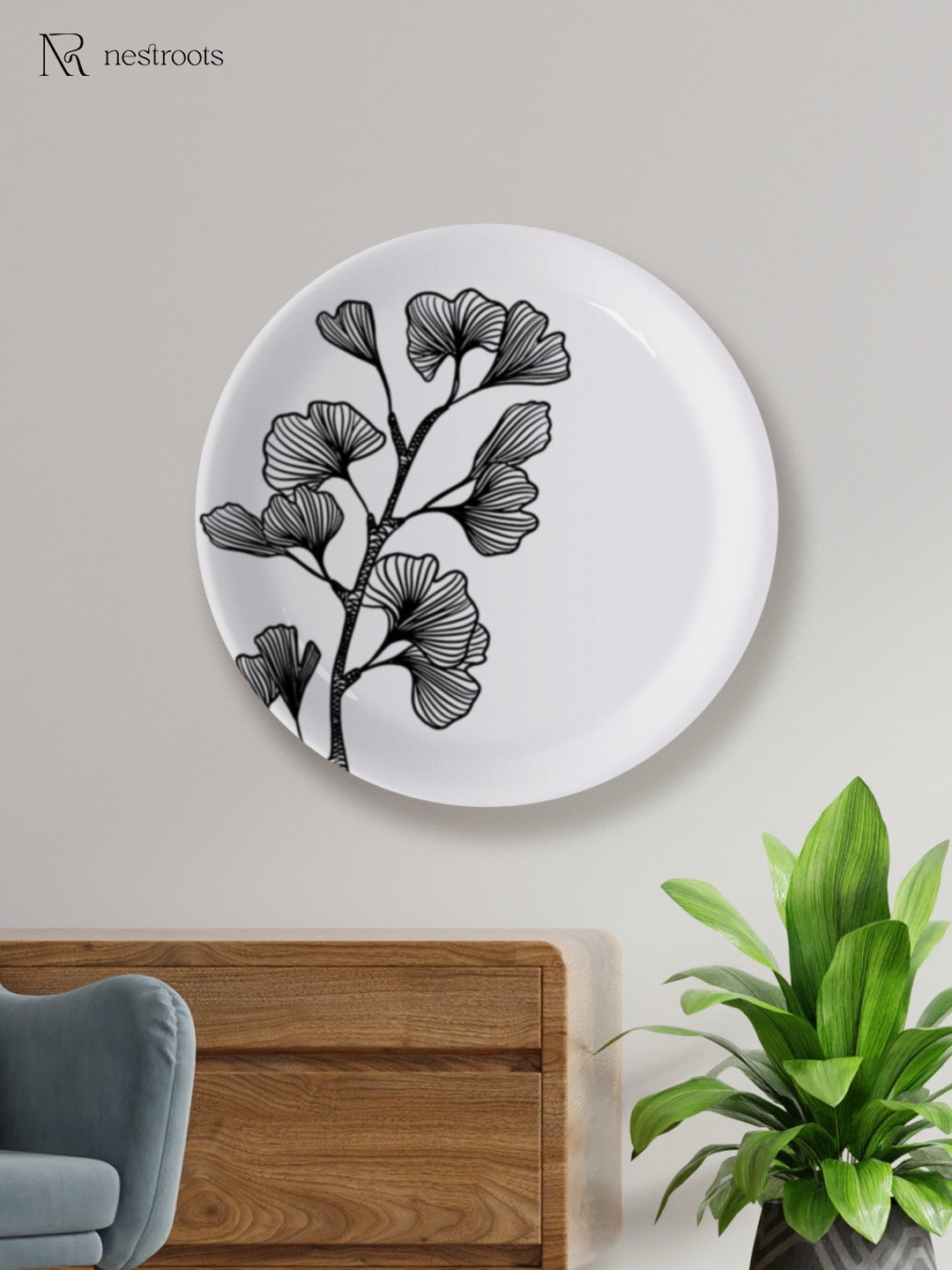 

nestroots Black & White Floral Printed Dancing Ink Wall Plate