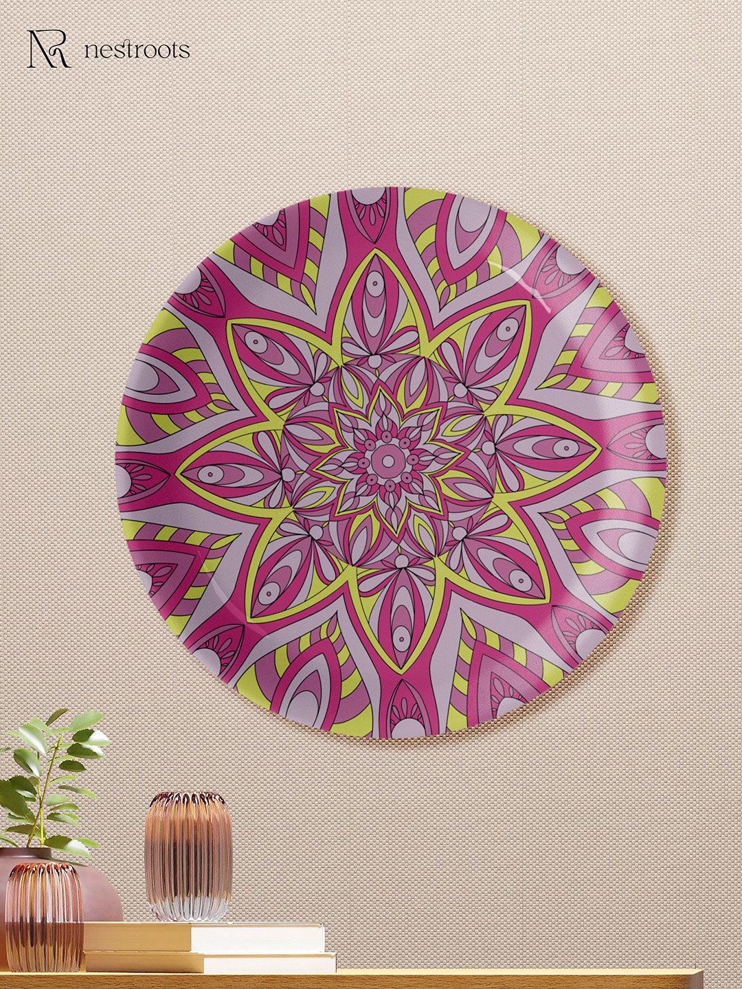 

nestroots Pink & Yellow Ethnic Motifs Printed Soothing Serenity Mandala Wall Plate