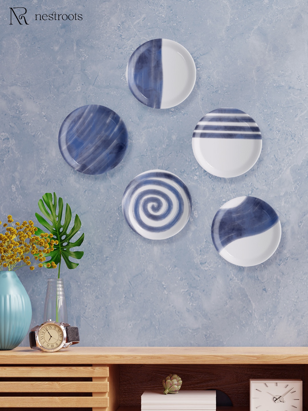 

nestroots Sailor's Secret Set Of 5 Blue & White Printed Wall Plates