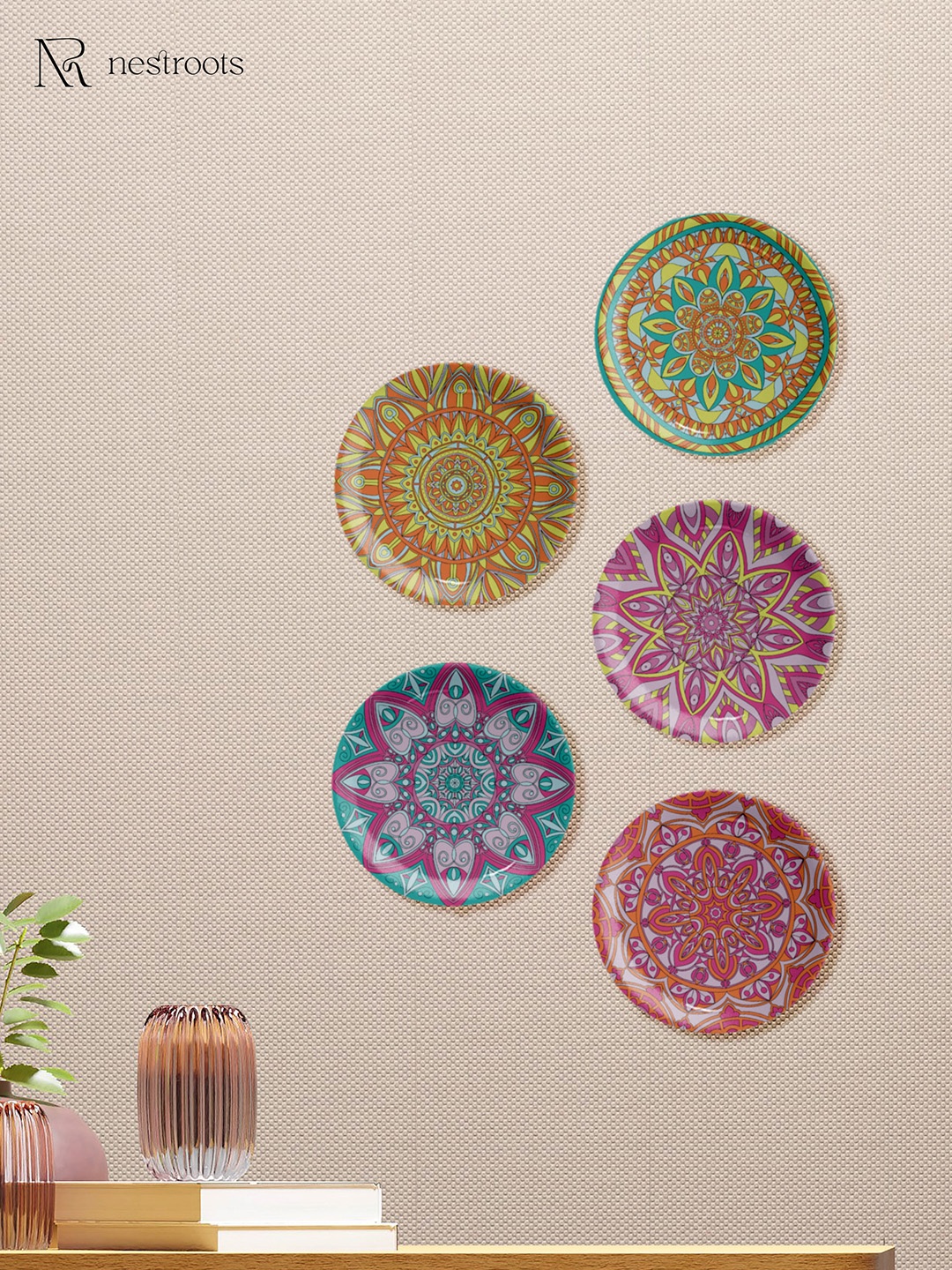 

nestroots Yellow & Green 5 Pieces Ethnic Motifs Printed Zen Sanctuary Mandala Wall Plates