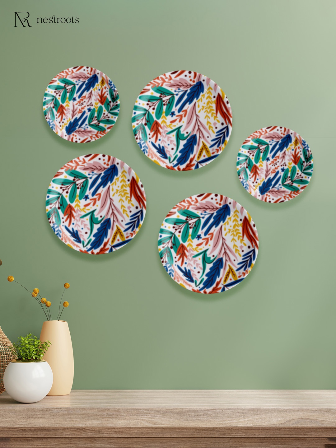 

nestroots Green & Pink 5 Pieces Floral Printed Ceramic Wall Plates