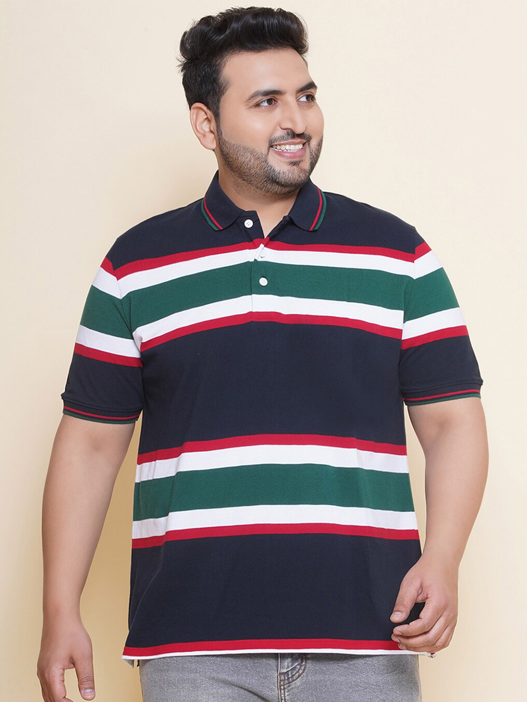

John Pride Horizontal Striped Polo Collar Cotton Plus Size T-shirt, Navy blue