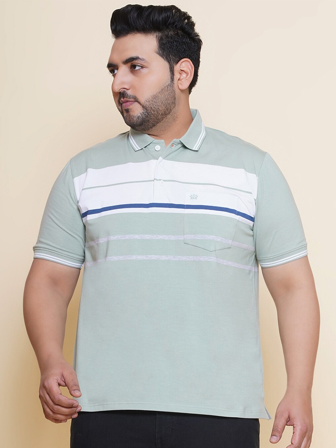 

John Pride Horizontal Striped Polo Collar Plus Size T-shirt, Green