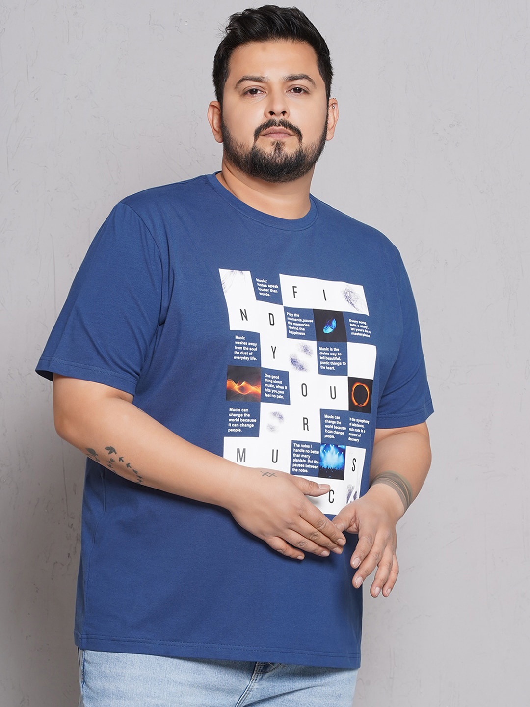

John Pride Plus Size Typography Printed Round Neck Cotton T-shirt, Blue