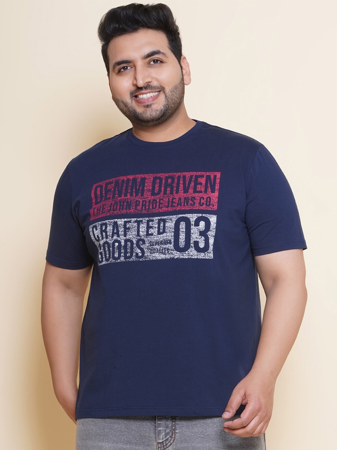 

John Pride Plus Size Typography Printed Round Neck Cotton T-shirt, Navy blue