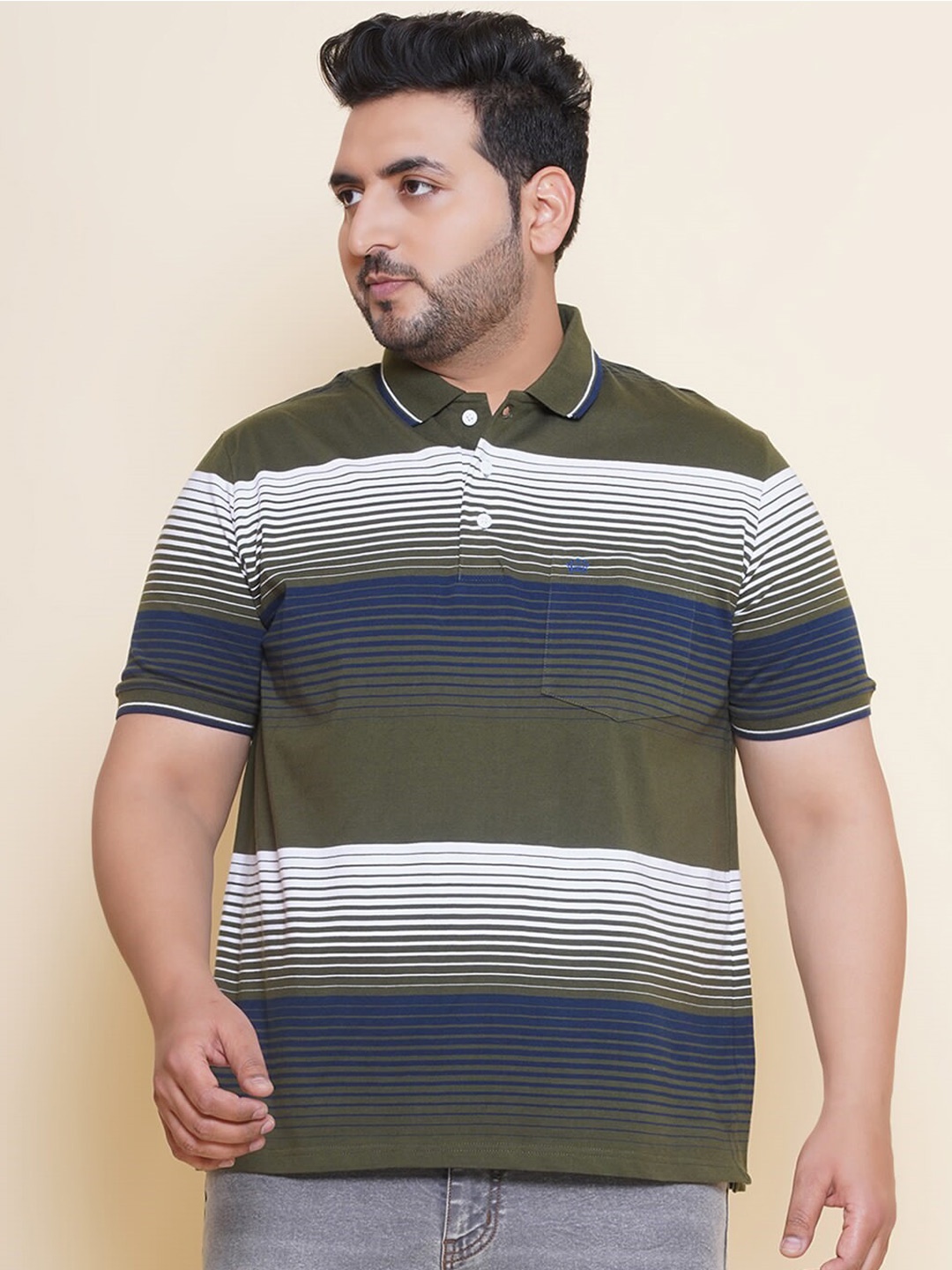 

John Pride Horizontal Striped Polo Collar Plus Size T-shirt, Green