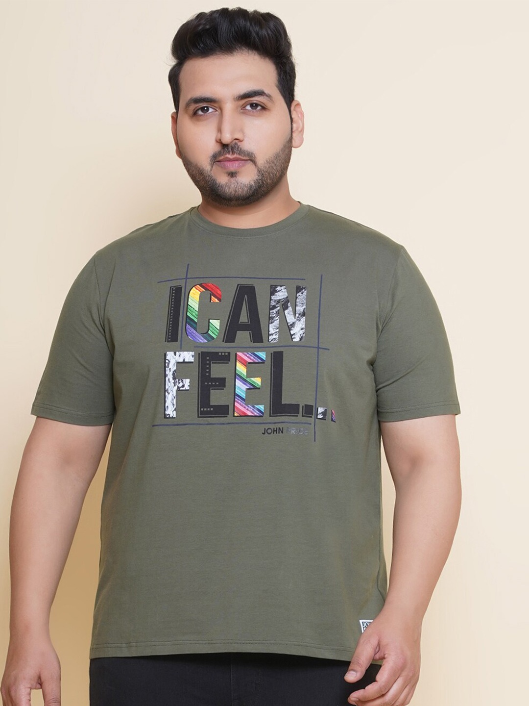 

John Pride Plus Size Typography Printed Round Neck Cotton T-shirt, Olive