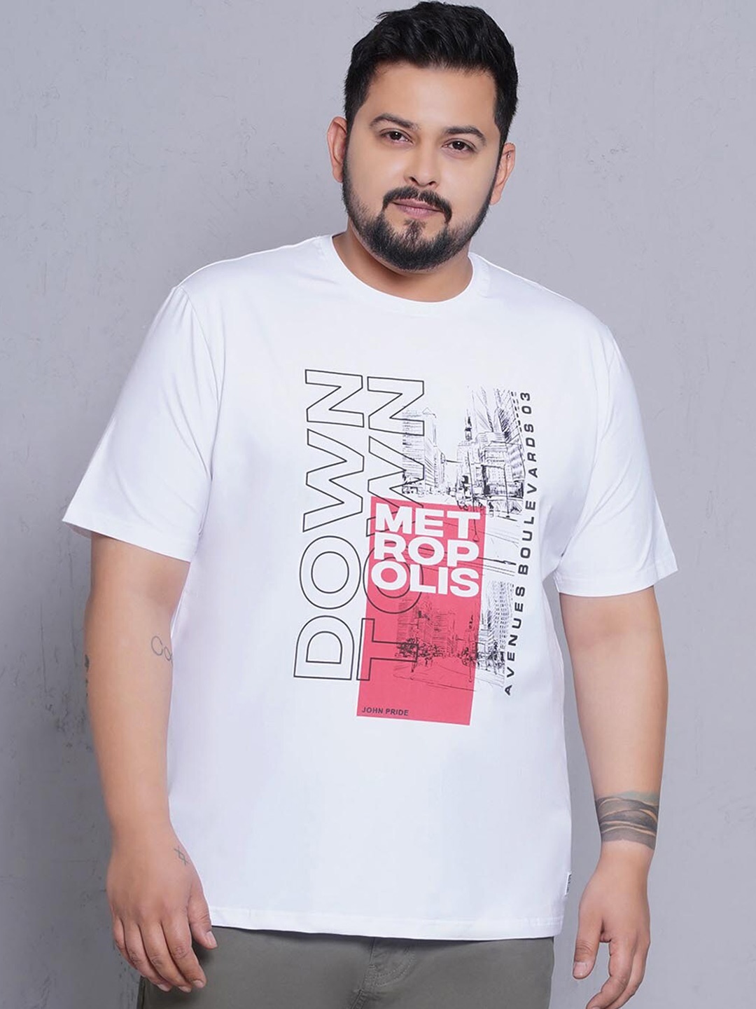 

John Pride Plus Size Typography Printed Round Neck Cotton T-shirt, White