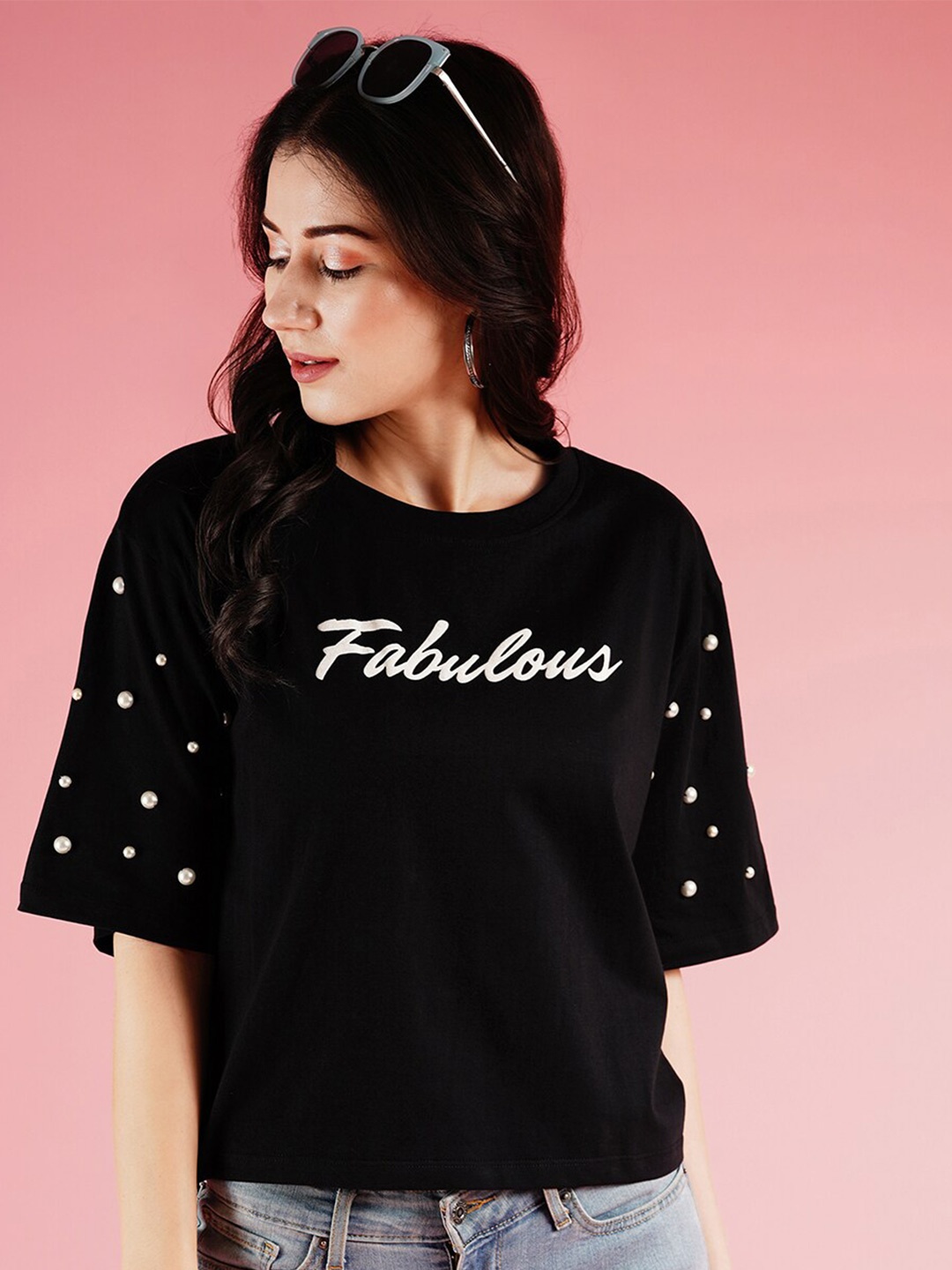 

Globus Typography Printed Drop-Shoulder Sleeves Boxy T-shirt, Black