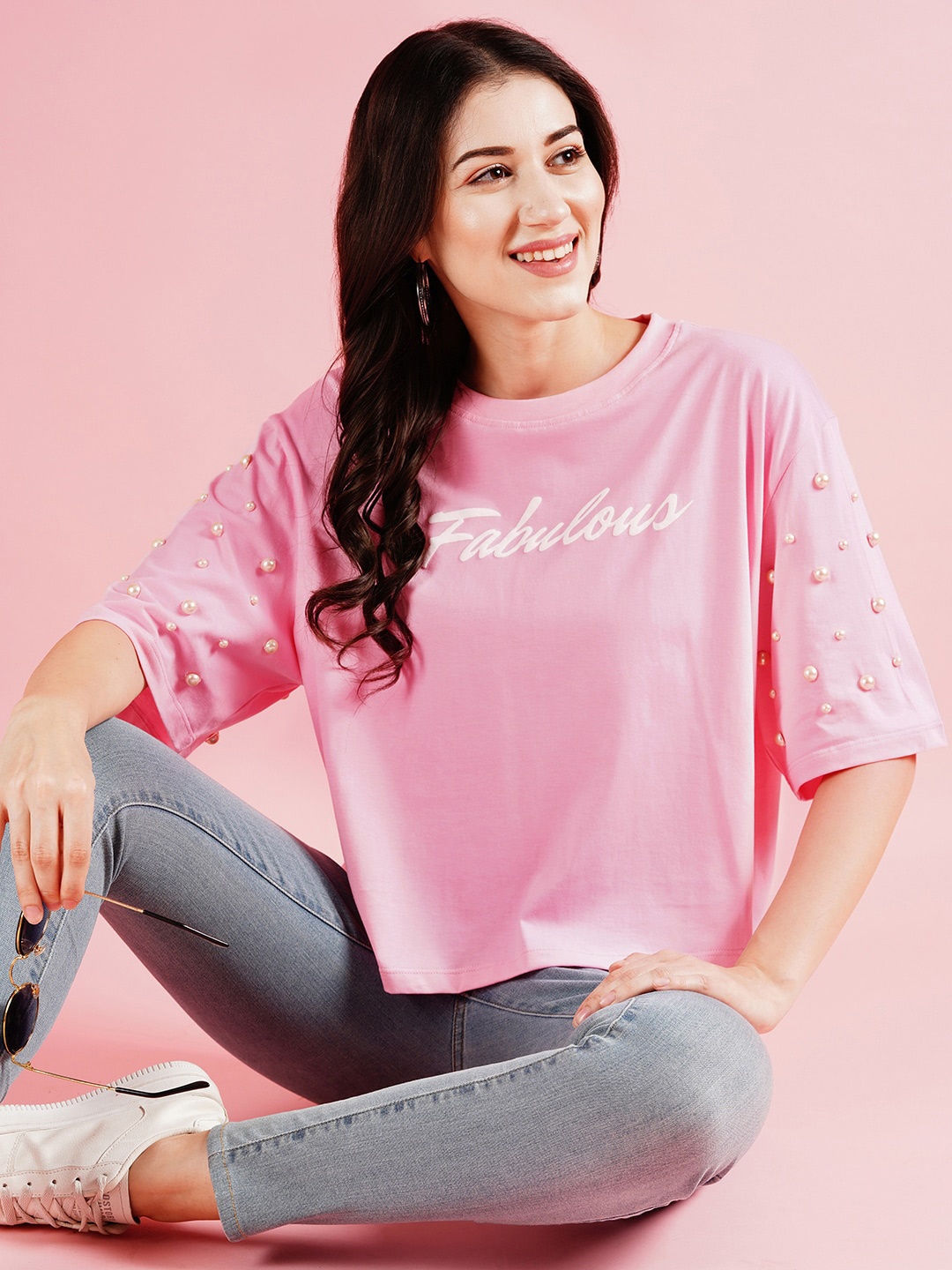 

Globus Typography Printed Drop-Shoulder Sleeves Boxy T-shirt, Pink