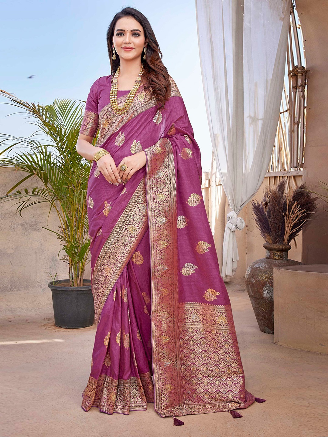 

Mitera Purple & Gold Toned Floral Zari Banarasi Saree