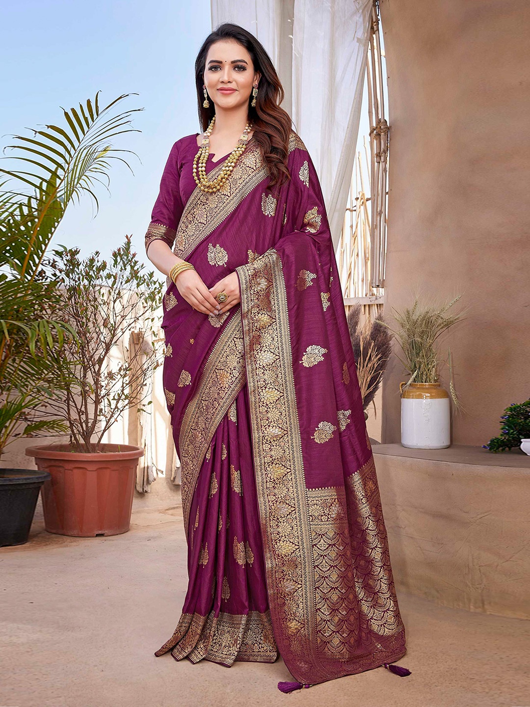 

Mitera Purple Ethnic Motifs Woven Design Zari Banarasi Saree