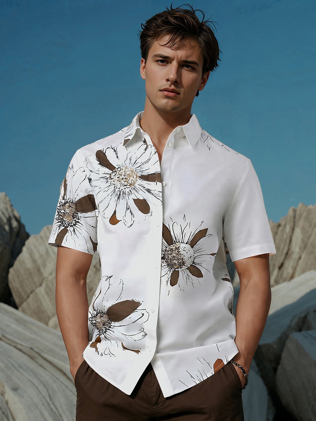 H&M Linen Blend Floral Print Short Sleeve Shirt, White