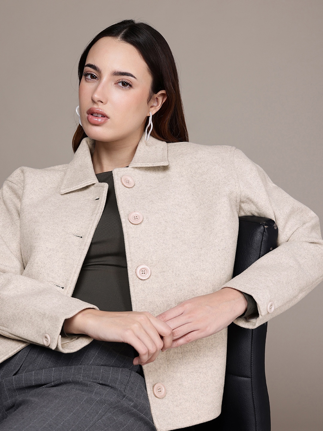 

French Connection Spread Collar Tailored Jacket, Beige