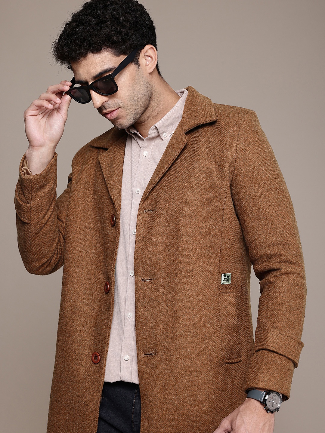 

French Connection Single-Breasted Notched Lapel Collar Overcoat, Brown