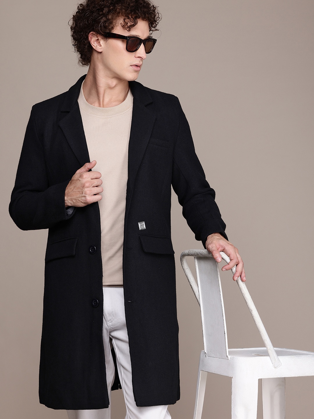 

French Connection Self Design Longline Overcoat, Black