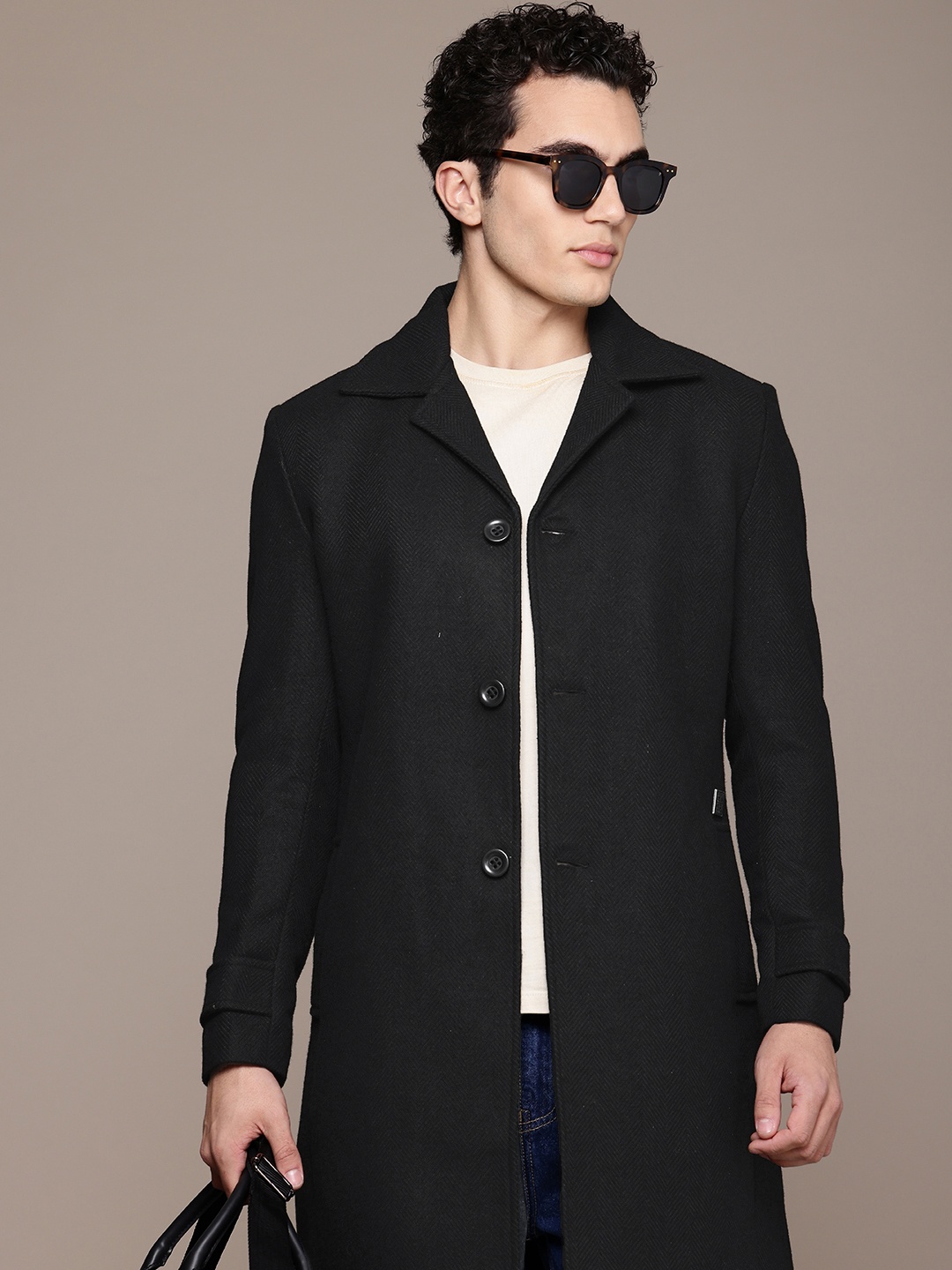 

French Connection Self Design Single Breasted Overcoat, Black