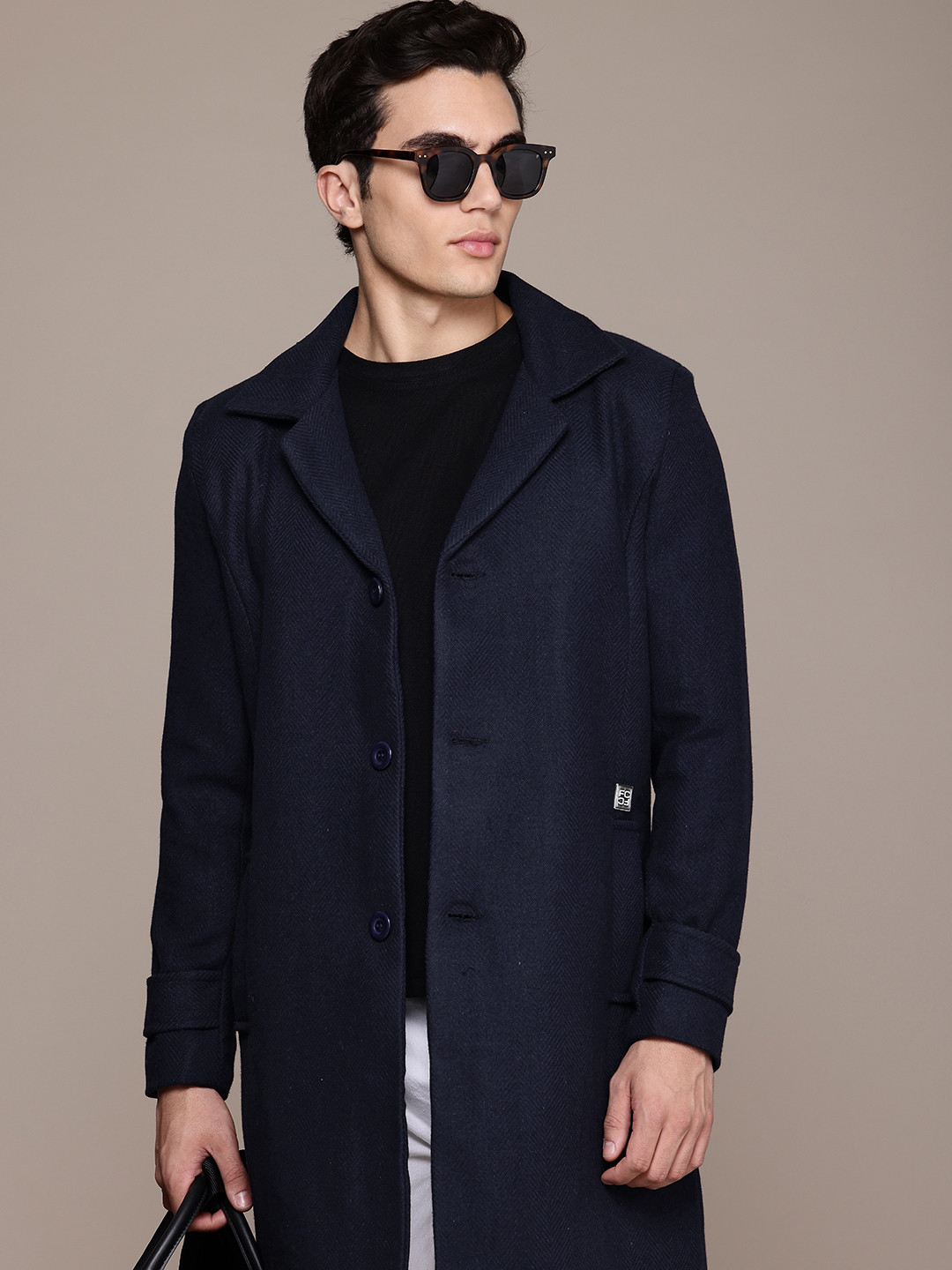 

French Connection Self Design Single Breasted Overcoat, Navy blue