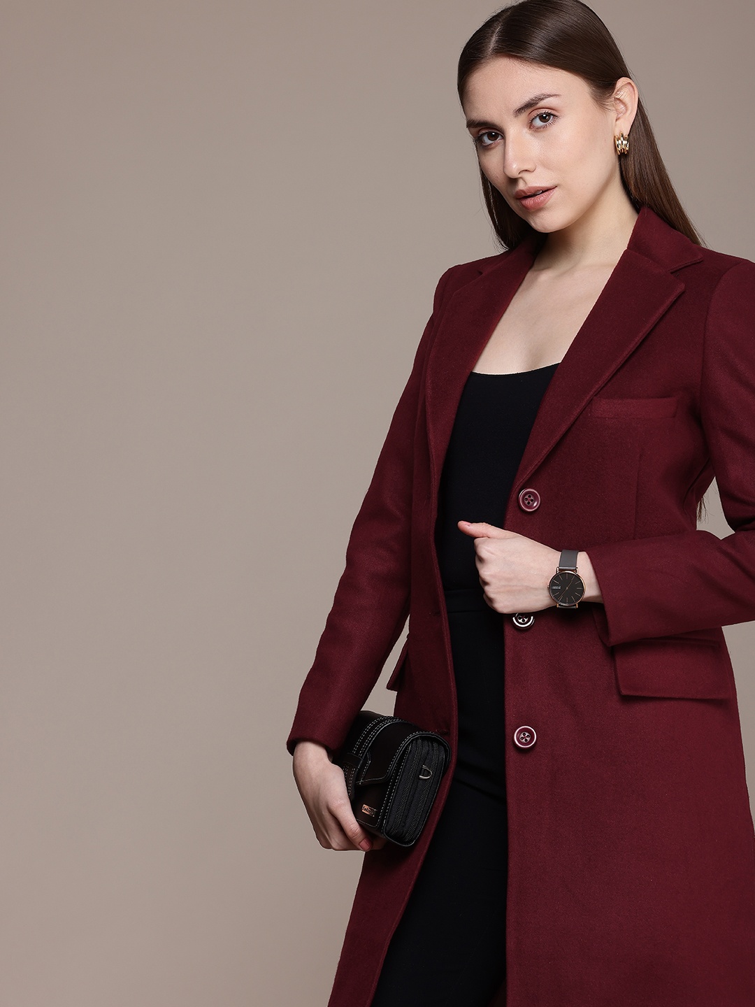 

French Connection Notched Lapel Collar Overcoat, Burgundy