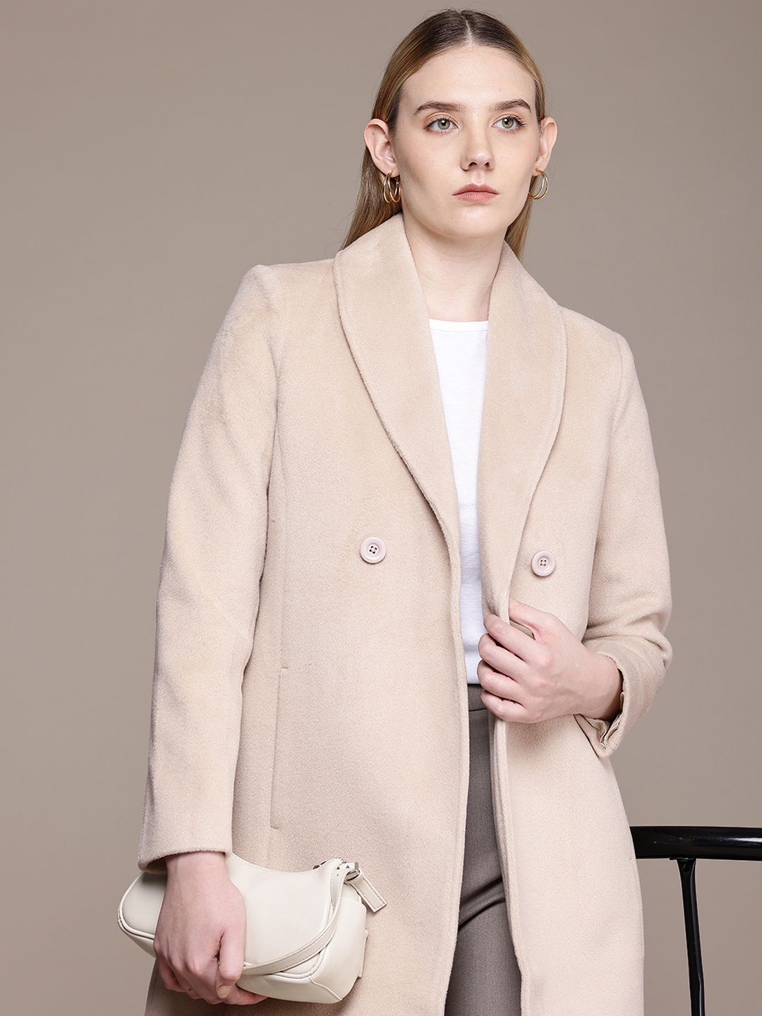 

French Connection Notched Lapel Longline Overcoat Coat, Beige