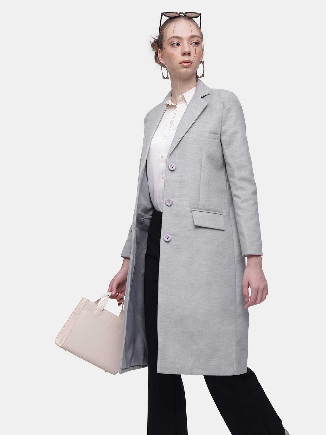 

French Connection Notched Lapel Collar Longline Overcoat, Grey melange