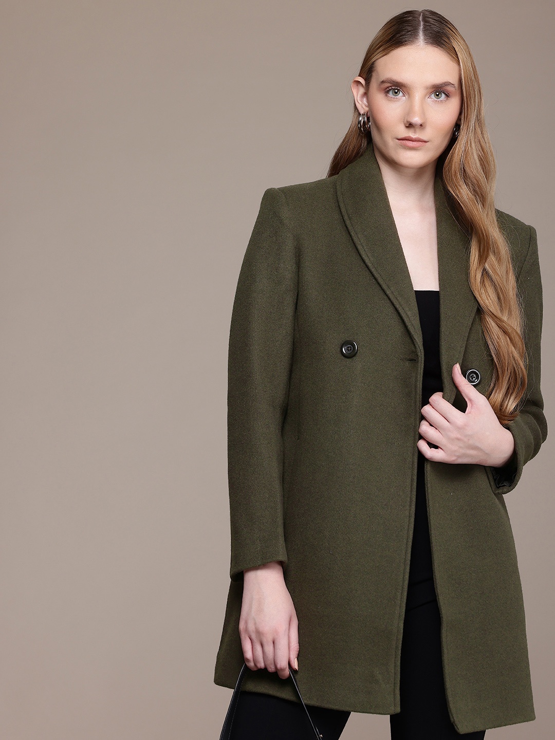 

French Connection Lapel Collar Longline Overcoat, Olive