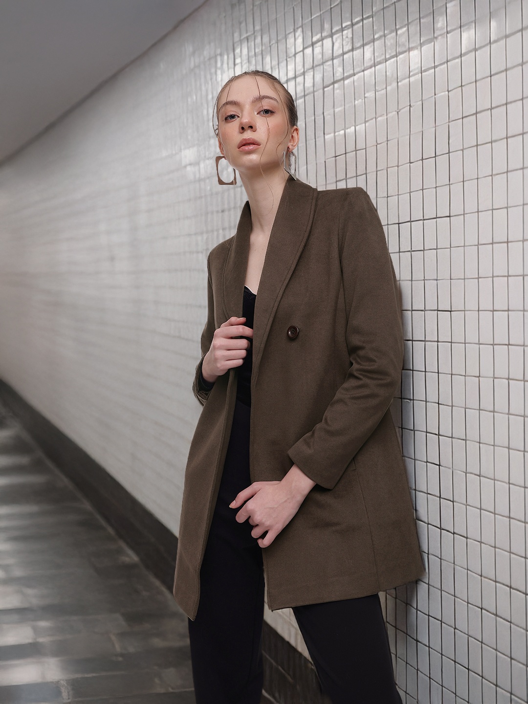 

French Connection Shawl Collar Velvet Finish Overcoat, Brown