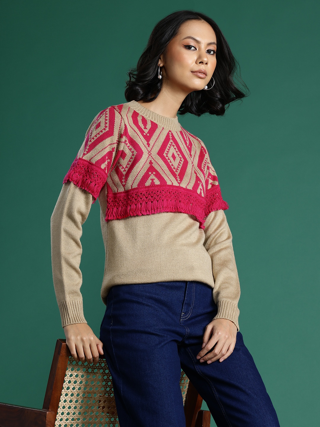 

Sangria Fringed Detail Acrylic Pullover, Beige