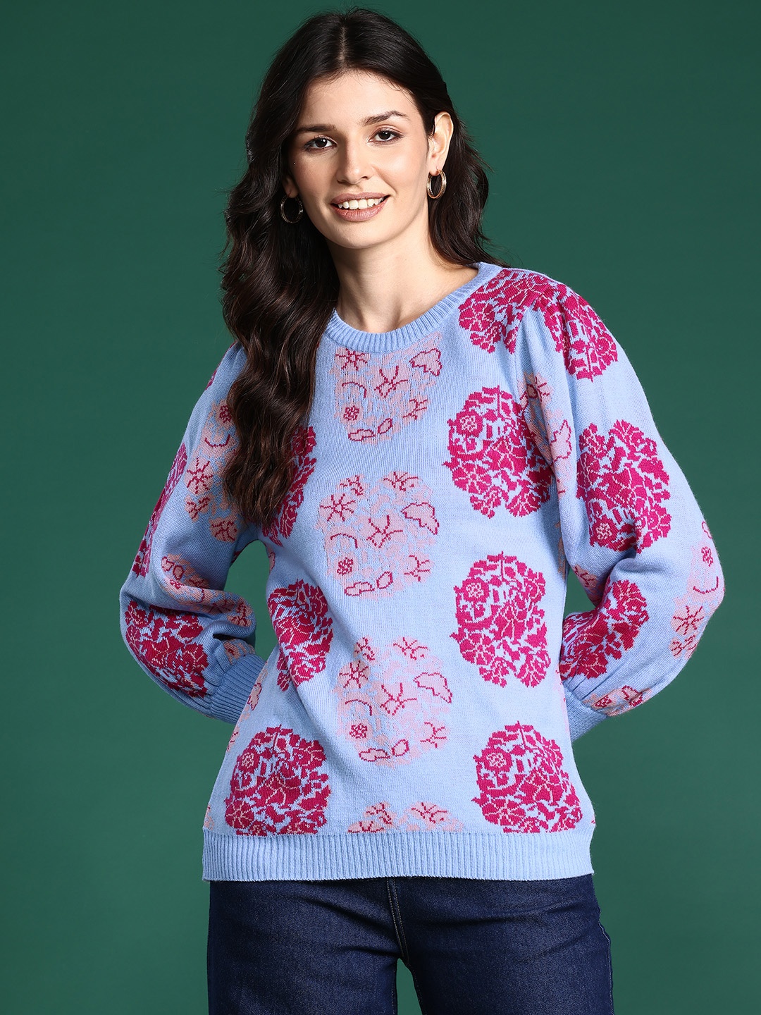 

Sangria Floral Printed Acrylic Pullover Sweater, Blue