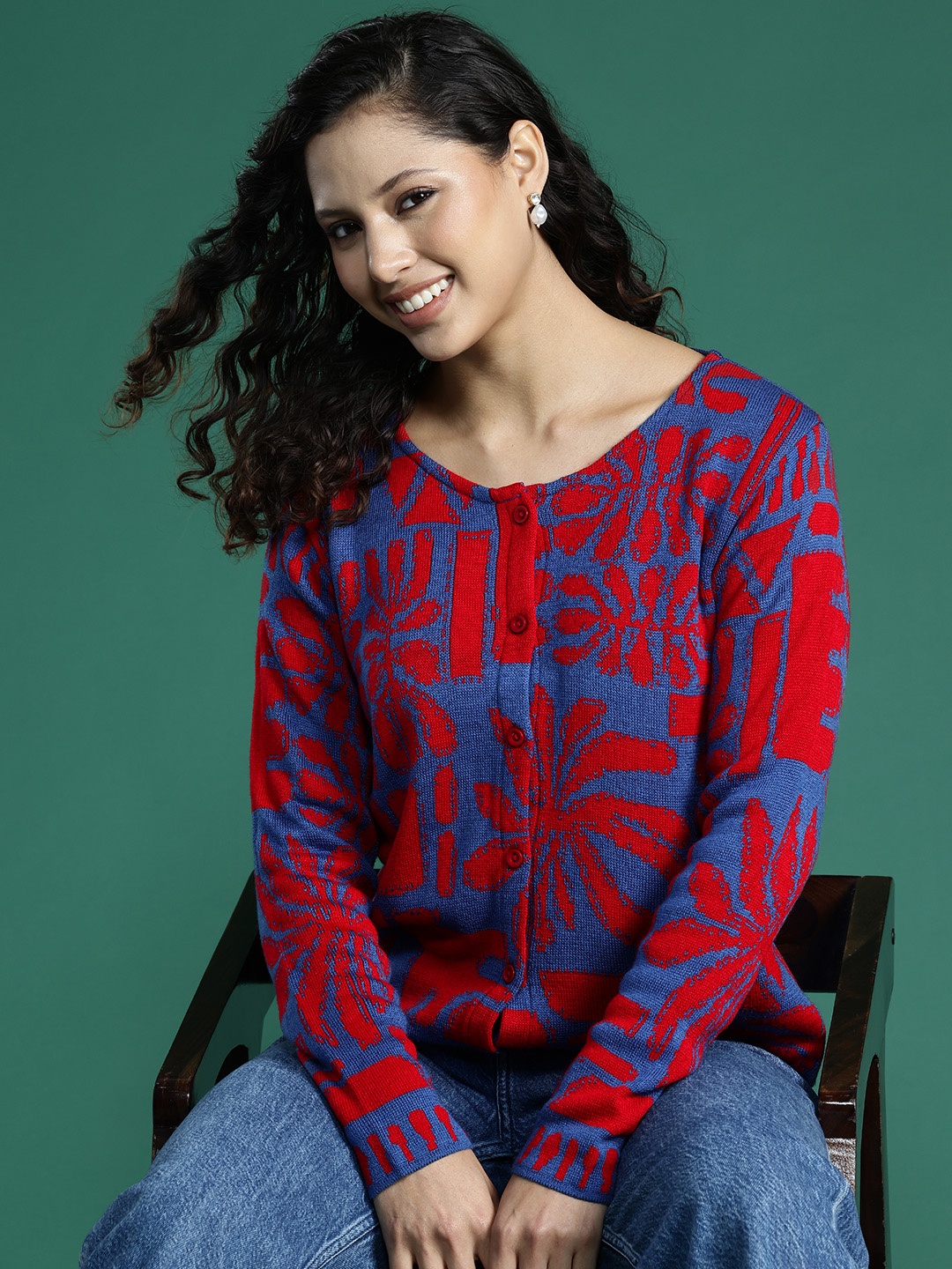 

Sangria Self Design Front Open Acrylic Sweater, Blue