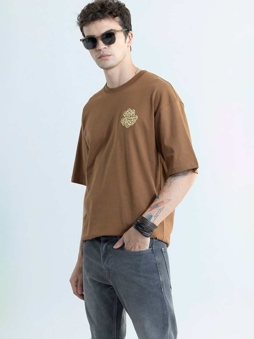 

Snitch Brown Typography Printed Oversized Cotton T-shirt