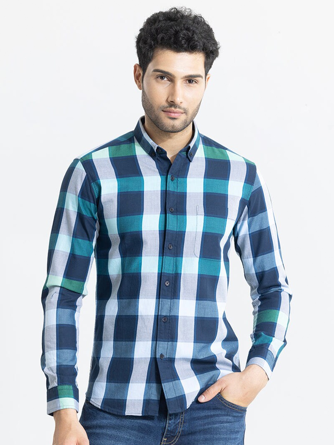 

Snitch Blue Classic Slim Fit Tartan Checks Opaque Cotton Casual Shirt