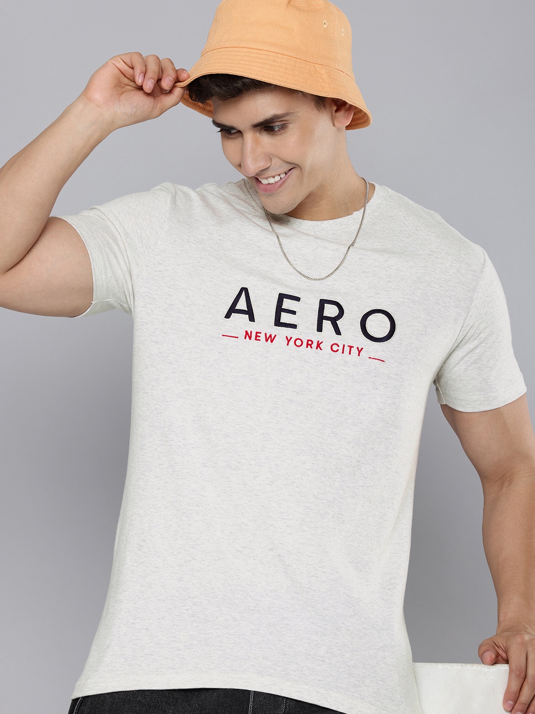 

Aeropostale Brand Logo Embroidered Pure Cotton T-shirt, Grey melange